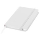 A plain, closed white notebook with rounded corners and an elastic band. It has a ribbon bookmark peeking out and is set against a white background, creating a minimalist look.
