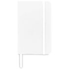 A plain white notebook with an elastic band closure. The notebook has rounded corners and a ribbon bookmark. It is positioned vertically against a white background.