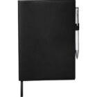 A black leather-bound notebook with a silver pen attached to the right side. The notebook has a black ribbon bookmark visible at the bottom.