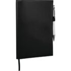 A black leather journal with a silver pen attached to the side. The journal has a ribbon bookmark hanging down. The pen is held by a small elastic loop, providing a sleek and professional appearance.