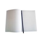 Open notebook with lined pages and a black bookmark ribbon visible. The notebook has white pages with horizontal lines for writing and is photographed against a plain white background.