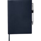 A closed dark blue notebook with a ribbon bookmark on the left side and a silver pen attached to an elastic loop on the right.