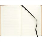 Open notebook with lined pages and a black ribbon bookmark lying across the right page, against a plain white background.