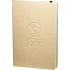 A closed beige notebook with an embossed logo featuring a stylized bird and the letters JSSI on the front cover.