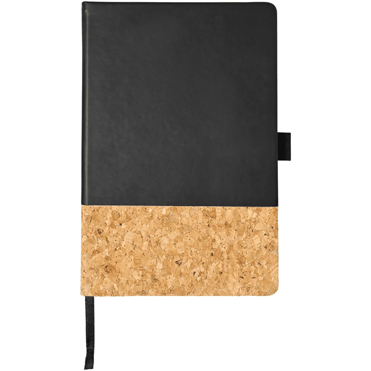 A notebook with a black cover and a cork-textured bottom section. It features a black elastic pen holder attached to the side and a black ribbon bookmark. The notebook is closed and positioned vertically.