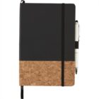 A notebook with a black cover and a cork-textured bottom section. It has an elastic band closure and a pen holder on the side, containing a silver pen. A black ribbon bookmark is visible.