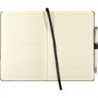 An open notebook with lined pages and a black ribbon bookmark. A pen is secured in a holder on the right side. The notebook has a beige background and is positioned against a white surface.