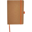 A brown notebook with an embossed design, featuring an orange elastic band securing it shut and an orange ribbon bookmark. Theres also an orange pen loop on the right side.