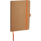 A brown notebook with an embossed logo on the front cover. It features an orange elastic band for closure and an orange ribbon bookmark. The notebook also has a pen loop on the side.