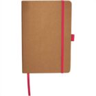 A brown notebook with a red elastic band and pen loop. There is a red ribbon bookmark extending from the bottom.