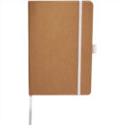 A brown notebook with a white elastic band, a ribbon bookmark, and a pen loop on the right edge against a white background.