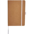 A brown hardcover notebook with a white elastic band and a pen holder on the side. It has an embossed design on the cover and includes a white ribbon bookmark.