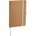 A brown notebook with an embossed logo featuring the word hodge. It has a white elastic band and a ribbon bookmark. The notebook cover appears to be made of cardboard.
