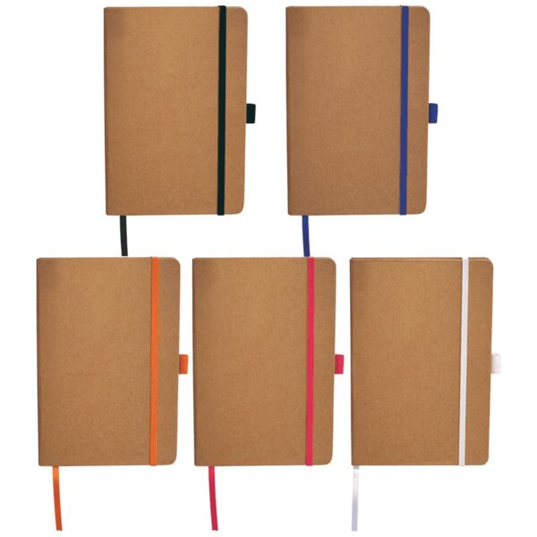 Five brown notebooks with elastic bands and ribbon bookmarks in different colors: black, blue, orange, red, and white. They are arranged in two rows, with three on top and two below.