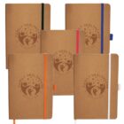 Five brown notebooks with colored elastic bands (black, blue, red, orange, white) and a Family Healthcare Services logo on the covers, displayed upright in two rows.