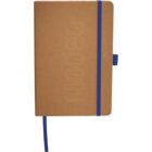 A brown notebook with a debossed logo on the cover, secured by a blue elastic band. It has a matching blue ribbon bookmark and a blue pen holder on the side.