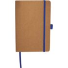 A brown notebook with a blue elastic band closure and a blue ribbon bookmark. The notebook has a pen loop on the side.