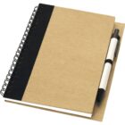 A brown spiral-bound notebook with a black spine lies closed, accompanied by a black and white pen inserted into a loop on the cover.
