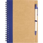 A brown spiral-bound notebook with a blue spine lies closed. A matching pen, featuring blue and beige colors, is secured in a loop on the right side of the notebook.