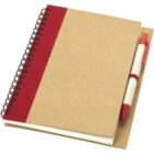 A spiral-bound notebook with a brown cover and a red spine. A matching pen with a red cap and clip is attached to the notebooks cover by an elastic loop on the right side.