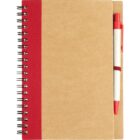 A spiral-bound notebook with a brown cardboard cover and a vertical red stripe on the left side. A red and beige pen is attached to the right edge of the notebook.