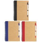 Three spiral-bound notebooks with pens attached. Each notebook has a different color strip on the cover: black, blue, and red. The covers are brown, and the pens have matching color accents. The notebooks are arranged in a triangular layout.