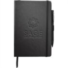 A black notebook with Sage Executive Group embossed on the cover, featuring a floral logo. It has an elastic band closure and an attached pen holder containing a black pen.
