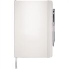 A closed white notebook with an elastic band sits vertically on a plain background. A silver pen is clipped to the right side of the notebook, and a ribbon bookmark peeks out from the bottom.