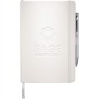 A white notebook with embossed branding saying SAGE EXECUTIVE GROUP and a floral logo. It has an elastic band and a pen holder with a silver pen attached. A ribbon bookmark is visible.