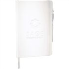 White notebook with SAGE Executive Group embossed on the cover. A silver pen is clipped to the right side, and an elastic band secures the notebook closed. A ribbon bookmark extends from the bottom.