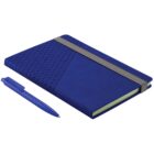Blue notebook with a textured triangular pattern on the cover, secured by a gray elastic band. The notebook has visible green-edged pages. A matching blue pen with a cap is placed beside it.