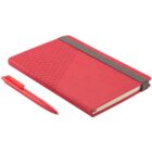 A red notebook with a gray elastic band, featuring a triangular pattern on the cover, is placed beside a matching red pen with a textured grip.