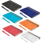 Image showing six notebooks in varying colors: black, blue, turquoise, orange, red, and white. Each notebook features a textured cover design and includes a matching pen placed beside it.