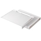 A white laptop partially removed from its white packaging box, set against a plain white background. The edges of the laptop and box create clean lines and a minimalistic aesthetic.