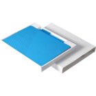 A closed blue notebook with a geometric grid pattern on the cover is placed inside an open white box, alongside a matching blue pen. The box lid is slightly open and resting next to the base.