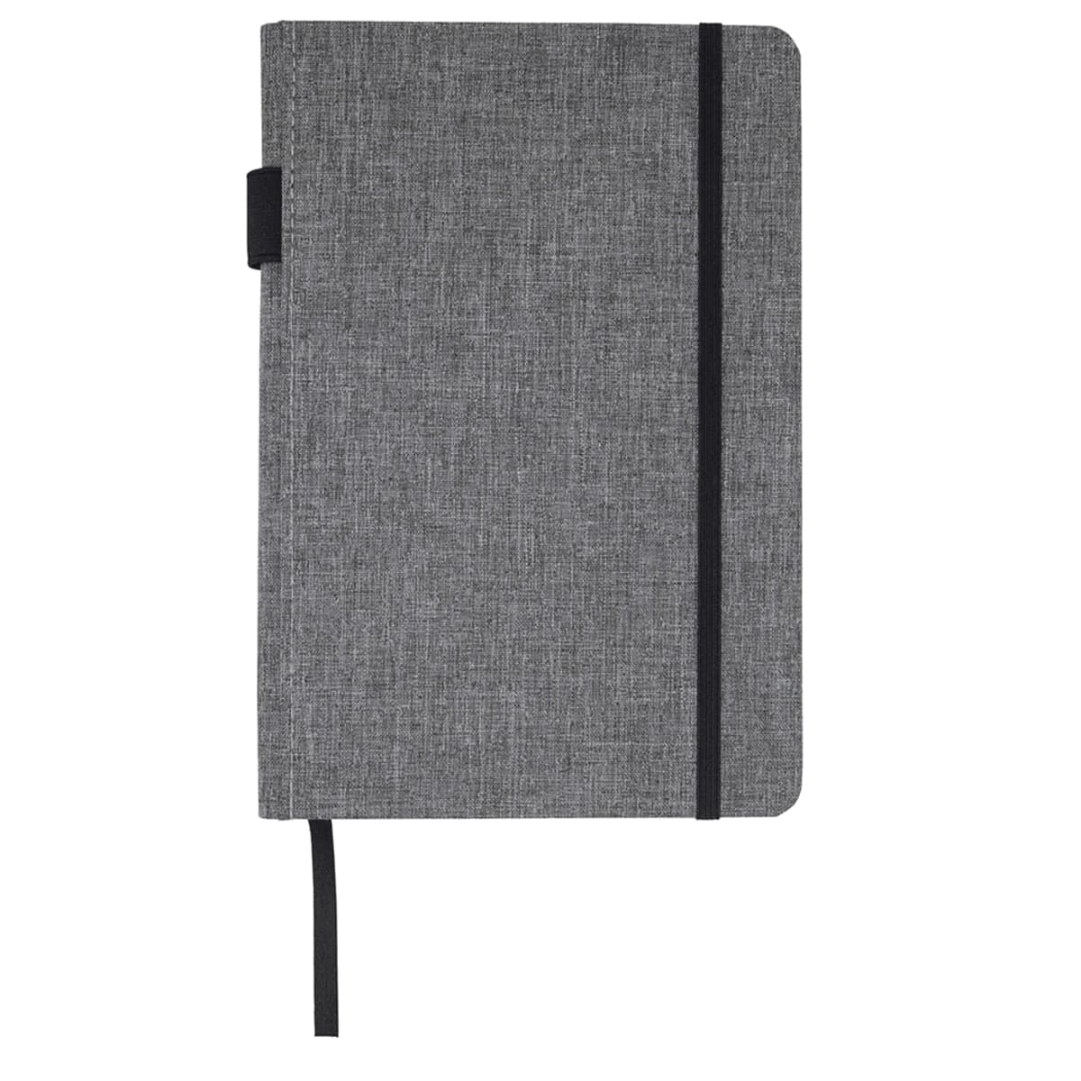 A gray fabric-covered notebook with a black elastic closure and a black ribbon bookmark. The cover has a textured appearance.