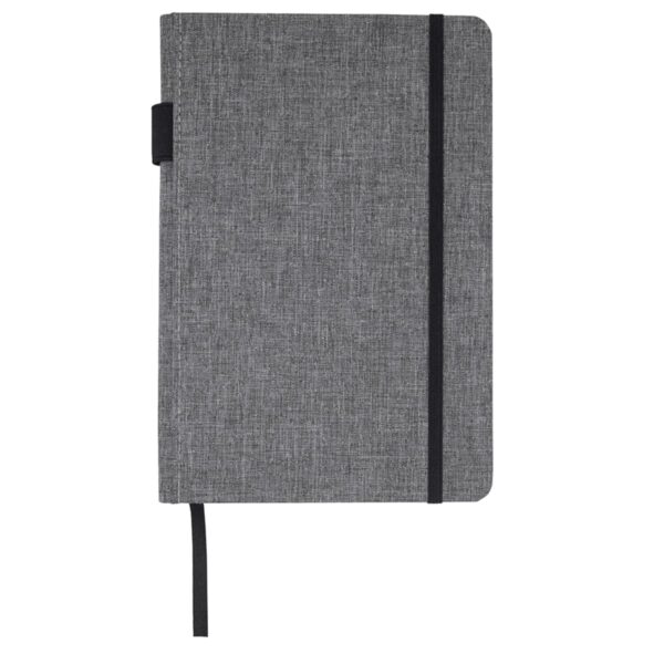 A gray hardcover notebook with a black elastic band closure and a matching black ribbon bookmark. The fabric cover has a woven texture, and the notebook has rounded corners for a sleek appearance.