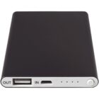 A slim, black portable power bank with a USB output port labeled OUT, a micro USB input port labeled IN, four LED indicators, and a power button on the front side.
