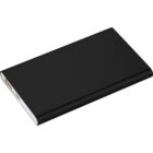 A sleek, black rectangular power bank with a metal finish. It has a USB port and a charging indicator on the side. The device is positioned at a slight angle, showcasing its slim design.