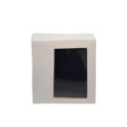 A white cardboard box with a clear plastic window on one side, allowing a view inside. The box is plain without any visible markings or labels. The window is rectangular and centrally positioned.