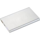 A sleek, rectangular silver power bank with a minimalist design. It has a USB port and a charging port on one side and a slim profile.