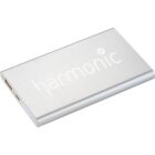 Silver portable power bank with the brand name harmonic printed on the surface. The device features one USB port, a micro USB port, and LED indicator lights on the side.