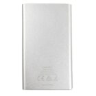 A silver power bank with a minimalist design, displaying technical specifications and safety certification logos at the bottom. It has a smooth, metallic finish and rectangular shape with slightly rounded edges.