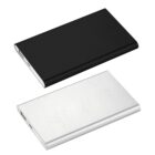 Two slim, rectangular power banks are shown. The top one is black, and the bottom one is silver. Both have a minimalist design with ports and indicator lights on the side.
