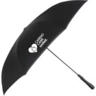 Black umbrella with a white logo featuring a heart and ECG line, labeled CARDIO CARE United. The handle is simple and straight, and the canopy is wide, showcasing the logo prominently.