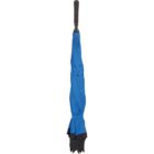 A blue reverse-folding umbrella with a black handle and black lining is closed and standing upright. The umbrella features a blue canopy with black edges and small black accents.