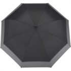 A closed black umbrella viewed from above, showing eight symmetrical panels converging at the center with a black tip. The material appears smooth and uniform, suitable for rainy weather.