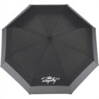 Black umbrella with eight panels, viewed from above. The word Royalty in white script, accompanied by a crown symbol, is printed near the edge on one panel.
