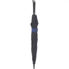 A closed, black umbrella with a curved handle and a blue strap, standing upright against a plain white background.