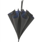 A closed black umbrella with a straight handle is standing upright. The inner lining appears to be dark blue, visible at the top edges. The umbrellas fabric is neatly folded.